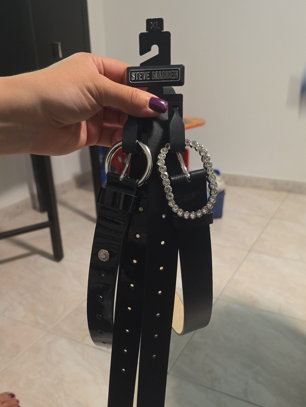 Steve Madden Black Double Belt Set with Rhinestone Ring Accent